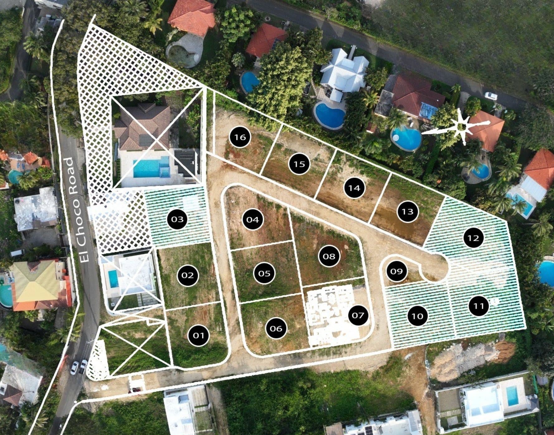 Casa Tikva aerial view showing lot divisions and first home under construction